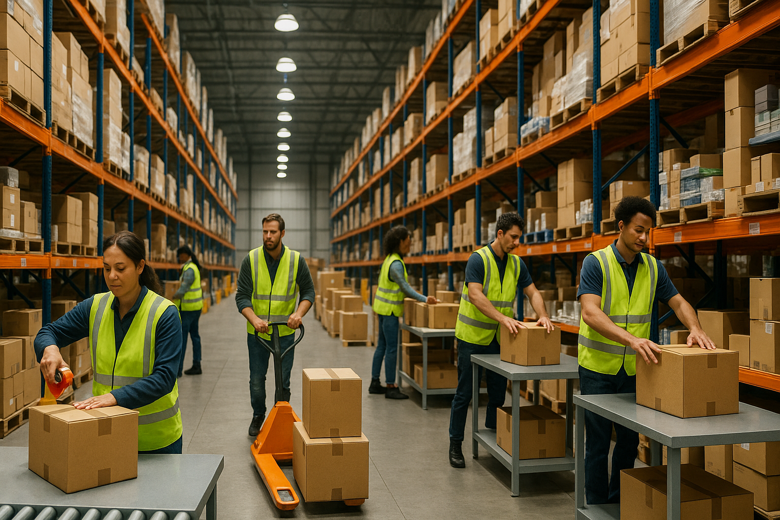 A Biggest Ware house in that 2 to 5 workers are are packing all orders and in clear and realastic image in slide image also cool in mobile view 